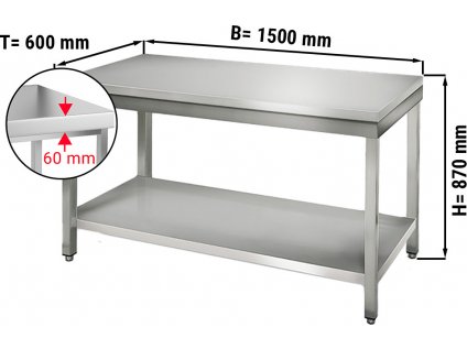 Nerezový pracovný stôl ECO so spodnou policou bez zadného lemu - 1500 x 600 x 870 mm
