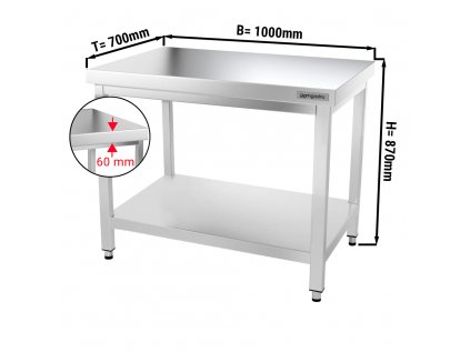 Nerezový pracovní stůl PREMIUM se spodní policí bez zadního lemu - 1000 x 700 x 870 mm
