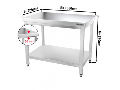 Nerezový pracovný stôl PREMIUM so spodnou policou bez zadného lemu - 1000 x 700 x 870 mm