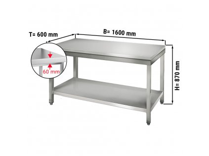 Nerezový pracovní stůl ECO se spodní policí bez zadního lemu - 1600 x 600 x 870 mm