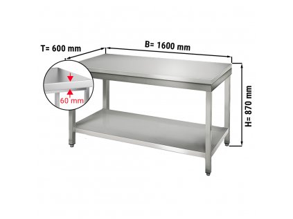 Nerezový pracovný stôl ECO so spodnou policou bez zadného lemu - 1600 x 600 x 870 mm