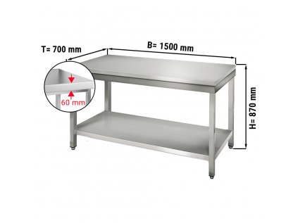 Nerezový pracovný stôl ECO so spodnou policou bez zadného lemu - 1500 x 700 x 870 mm