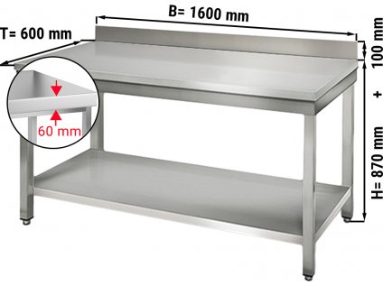 Nerezový pracovný stôl ECO so spodnou policou a zadným lemom - 1600 x 600 x 870 mm