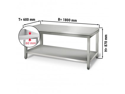 Nerezový pracovný stôl ECO so spodnou policou bez zadného lemu - 1800 x 600 x 870 mm