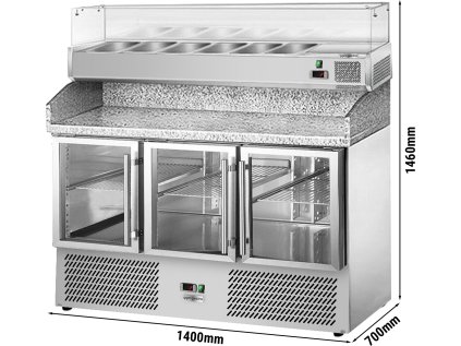Chladiaci stôl na pizzu ECO- 1400x700mm - 3 presklené dvierka - vrátane chladiacej vitríny