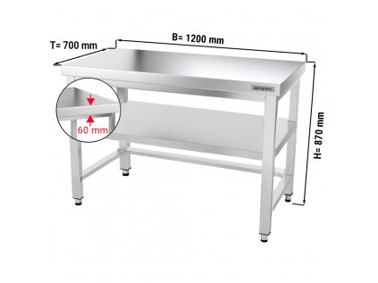Nerezový pracovní stůl PREMIUM se spodní policí bez zadního lemu - 1200 x 700 x 870 mm