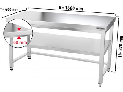 Nerezový pracovní stůl PREMIUM se spodní policí bez zadního lemu - 1600 x 600 x 870 mm