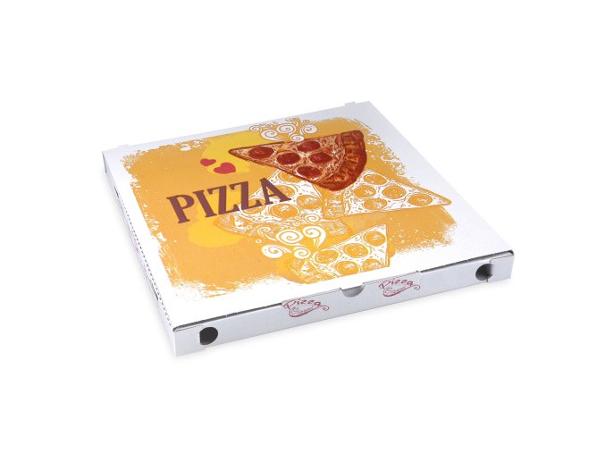 Krabice na pizzu (mikrovlnitá lepenka) C4 bílá s potiskem 34,5 x 34,5 x 3 cm [100 ks]