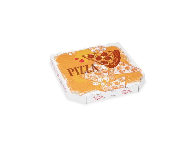 Krabice na pizzu (mikrovlnitá lepenka) E6 bílá s potiskem 26 x 26 x 3 cm [100 ks]