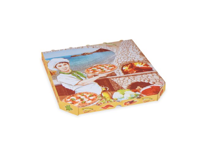 Krabice na pizzu (mikrovlnitá lepenka) E6 bílá s potiskem 33 x 33 x 3 cm [100 ks]
