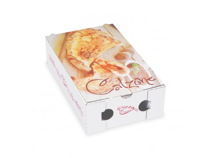Krabice na pizzu (mikrovlnitá lepenka) R4 Calzone bílá s potiskem 28 x 17 x 7,5 cm [100 ks]