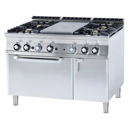 Sporák tálový kombinovaný se statickou elektrickou troubou GN 2/1 - 5x hořák 1x plotýnka 4 kW | RM - TPF4-912GEV