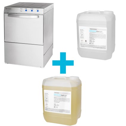 [Víceúčelová myčka s dávkovačem mycího prostředku a čerpadlem, koš: 500x500 mm + Víceúčelový mycí a oplachový prostředek 2 x 10 l | CLINTECH LIGHT