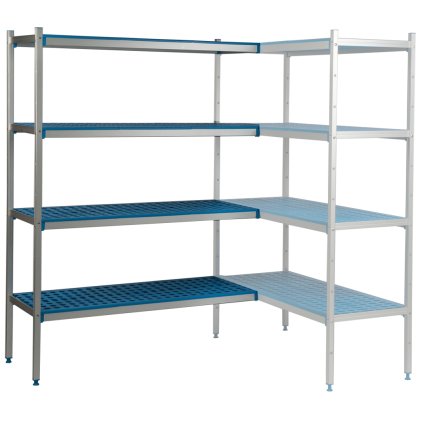 Hliníkový-polypropylenový rohový regál, 3-patrový, 4300x400x1750 mm | ALUSHELF, 3PD-43+9P-144+6UM