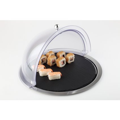 Vitrína roll-top kulatá z tácem z břidlicového kamene a nerezu, průměr 380 mm | APS, 01000