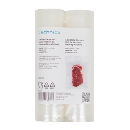 Fólia jednostranne vroubkovaná 220 mm, rolka 6 m pre lištovú vákuovú baličku (rukáv) | TECHNICA, Gold Line