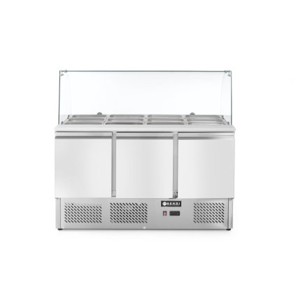 67334 trojdverovy chladici salatovy stul s prosklenou nastavbou 1365x700x1300 mm hendi 236192