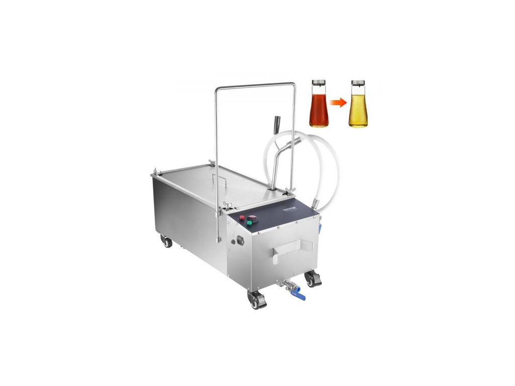 Mobilný fritovací filter, objem olejovej nádrže 55 l, filtračný systém s rýchlosťou filtrácie oleja 10 l/min, mobilný fritovací filtračný systém s otočnými kolieskami, olejová hadica pre hamburgerové reštaurácie