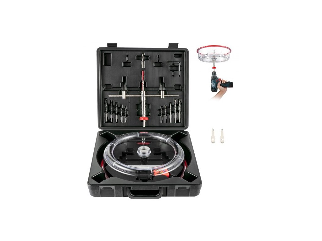 Nastaviteľná súprava dierovačov , 1-5/8" až 8" (40-200 mm), dvojčepeľový dierovač s protiprachovým krytom z PC, dva vymeniteľné vodiace vrtáky, na zapustené svietidlá, stropné reproduktory, vetracie otvory