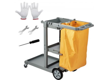 Čistiaci vozík , 3-policový komerčný čistiaci vozík, plastový čistiaci vozík s nosnosťou 200 lb, s 25-galónovým PVC vakom, 47" x 20" x 38,6", žltá + sivá farba