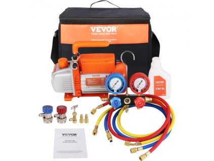 1/4 HP 4 CFM AC vákuová pumpa a meracia súprava, jednostupňová rotačná lopatková vzduchová vákuová pumpa HVAC chladiaca súprava s meracou súpravou, s trojfarebnou hadicovou prepravnou taškou, použiteľnou pre R134a, R410a