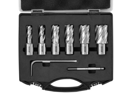 Sada fréz na krúžky , 6 magnetických vrtákov so zváranou stopkou, hĺbka rezu 1", priemer rezu 1/2" až 1-1/16", vysokorýchlostná oceľ M2AL, s vodiacim kolíkom a puzdrom, na použitie s magnetickými vŕtačkami