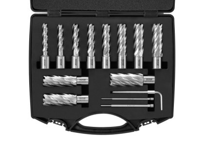 Sada fréz na krúžky , 13 ks vrtákov s magnetickou stopkou, hĺbka rezu 2", priemer rezu 7/16" až 1-1/16", M2AL HSS, s 2 vodiacimi kolíkmi, šesťhranným kľúčom a prepravným puzdrom, na použitie s magnetickým dr