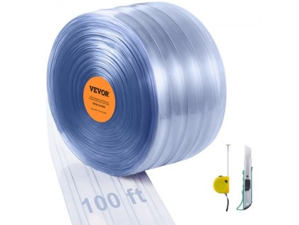 pásová záclona, 100' dlhá x 12" široká x 0,12" hrubá, priehľadná rebrovaná PVC záclonová koľajnica, dverová roleta, plastové dverové koľajnice pre supermarkety, garáže, sklady, stodoly, dvere pre domáce zvieratá