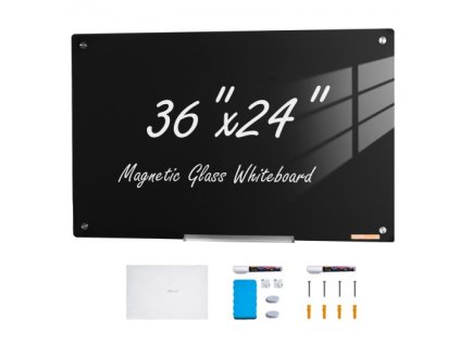 Magnetická sklenená tabuľa , tabuľa na suché mazanie 36" x 24", nástenná veľká biela sklenená tabuľa bez rámu, so zásobníkom na fixy, gumou a 2 fixami, čierna
