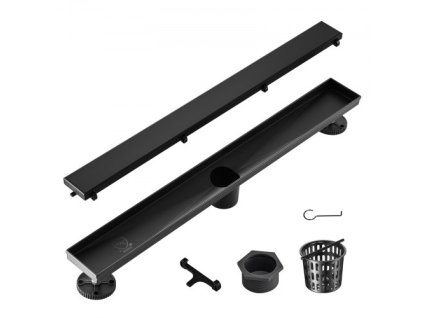 Lineárny sprchový odtok 610 mm s odsadením a krytom na dlaždice, obdĺžnikový sprchový odtok z brúsenej nehrdzavejúcej ocele 304, elegantný lineárny odtok so sitkom na vlasy, čierny