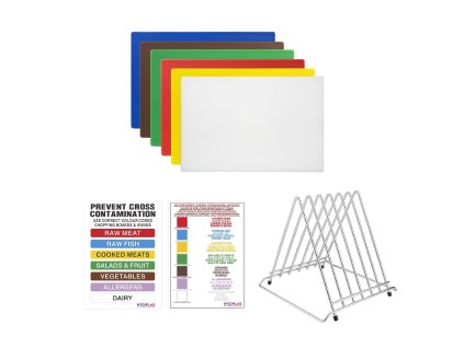 Hygiplas sada 6 ks dosiek na krájanie HDPE so stojanom a kartou farebného kódu HACCP 12 (v) x455 (š) x305 (h) mm