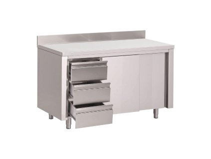 Pracovný stôl Gastro M s 3 zásuvkami vľavo, posuvnými dverami a zadným stojanom 88x180x70cm