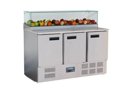 Polar G-séria 3-dverový chladený pracovný stôl na pizzu s povrchovou vitrínou 436L