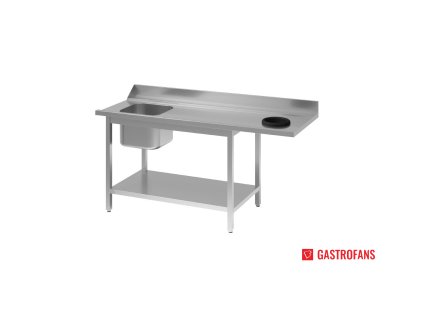 58981 gastro m nerezovy myci stul s drezem na leve strane se zadni obrubou polici a otvorem na odpad 850 1400 590mm