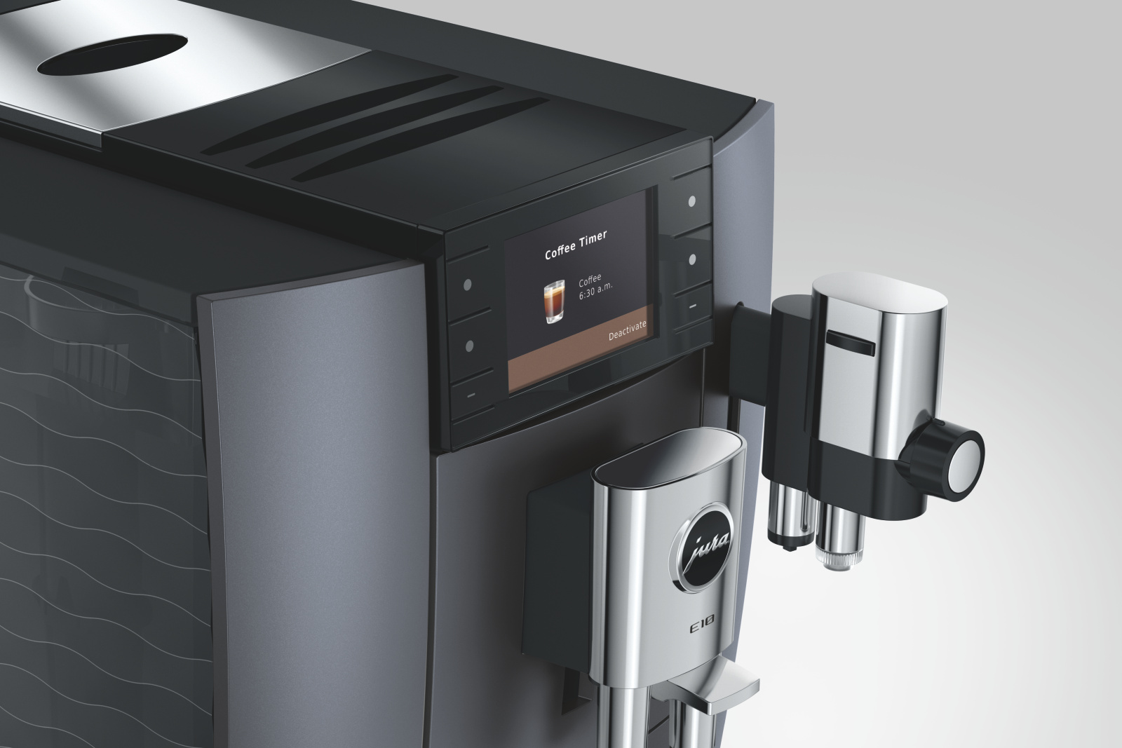 Detail kávovaru JURA E10 s funkcí Coffee Timer na displeji