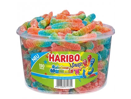 Haribo Sauer Rainbow Wummis - kyselí gumoví želé červíci v barvách duhy - dóza 150ks - 12
