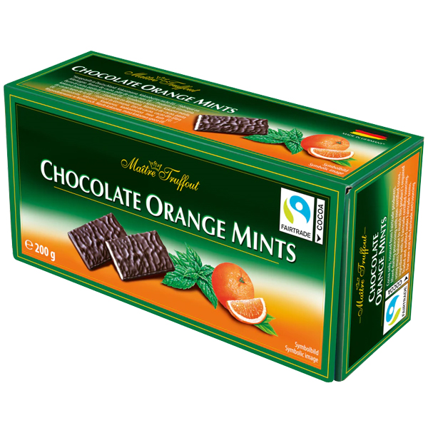 Maitre Truffout Hořké čokoládové plátky s krémovou náplní z máty a pomeranče 200g
