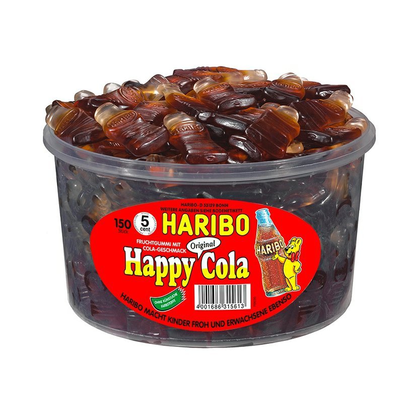 Haribo Happy Cola - Želé bonbony kolové lahvičky - dóza 150ks - 1200g-MINIMÁLNÍ TRVANLIVO