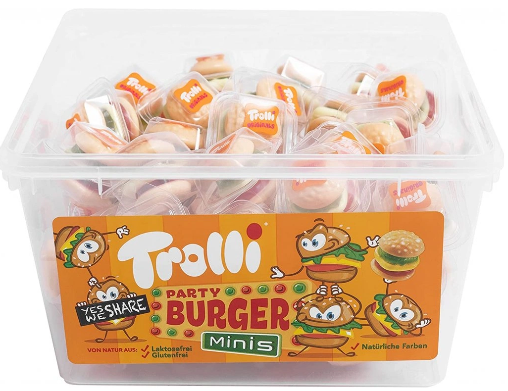 Trolli Party Minis Burger - želé mini burger dóza 600g