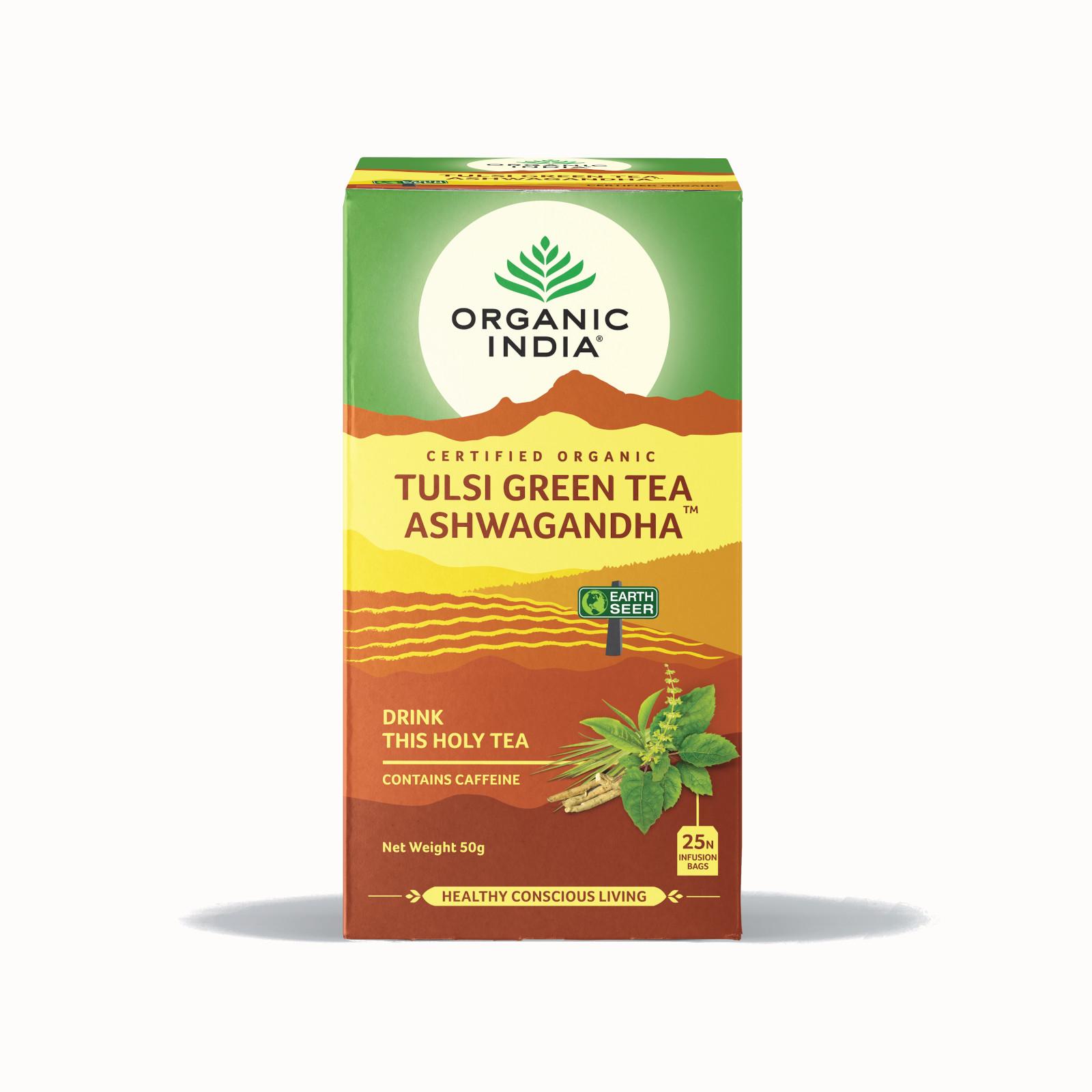 BIO Čaj Tulsi se Zelený Čaj a ašvaganga - bazalka a zelený čaj sáčkový 25ks Organic India Minimalní Trvanlivost 8.3.2025