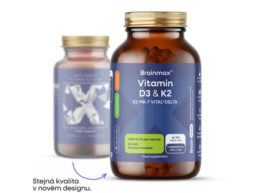 BrainMax Vitamin D3 & K2®, D3 4000 IU / K2 jako MK7 all-trans K2VITAL®DELTA 150 mcg, 100 rostlinných kapslí