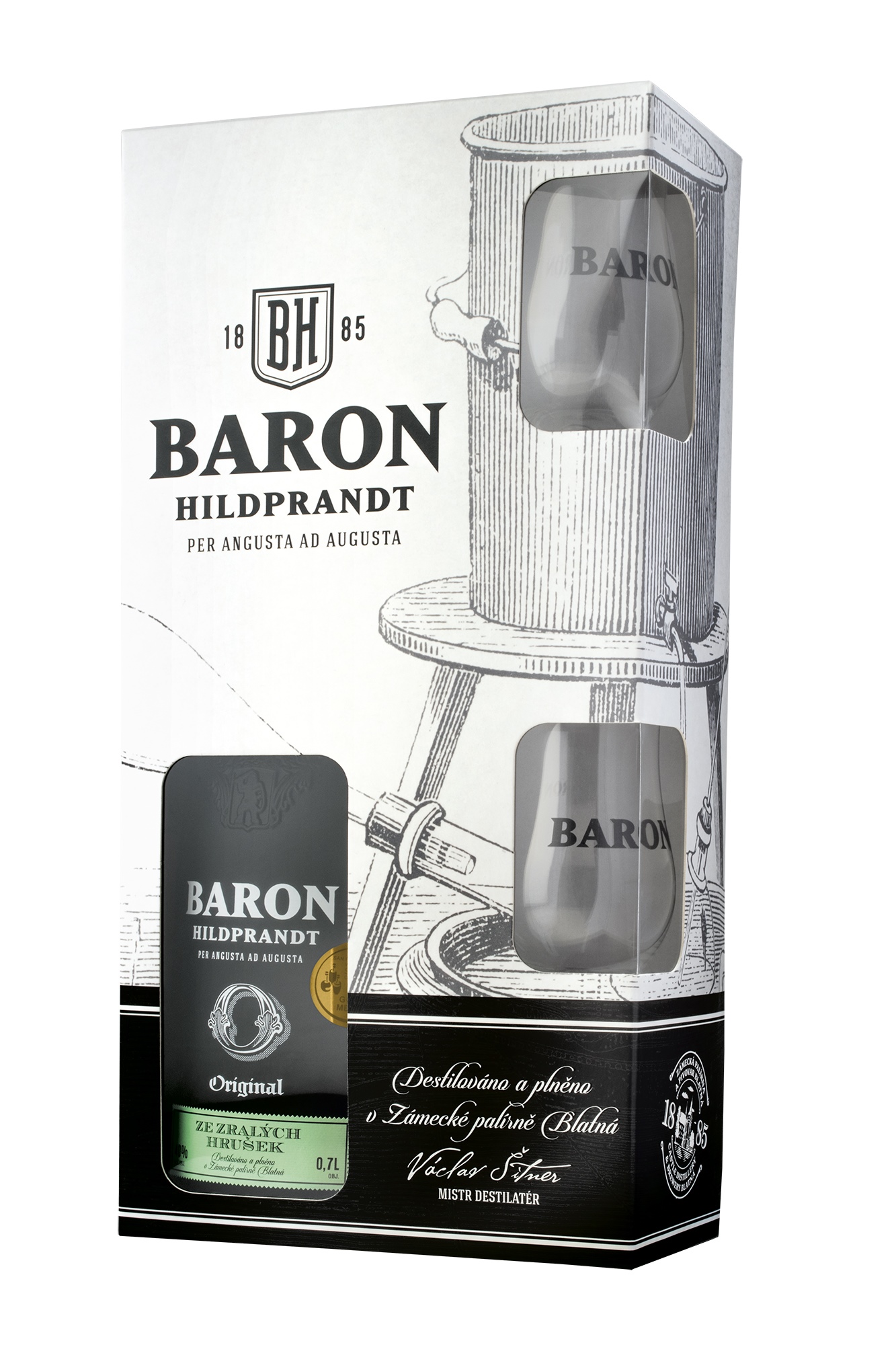 Baron Hildprandt Ze zralých hrušek 40% 0,7 l (dárkové balení 2 skleničky)