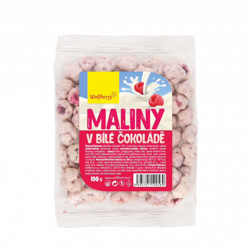 Maliny sušené mrazem v bílé čokoládě 100 g Wolfberry