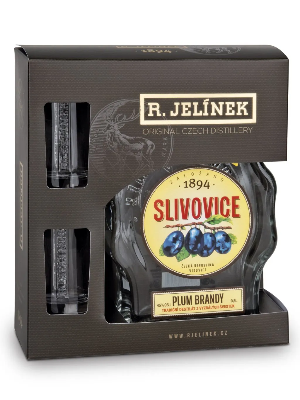 Rudolf Jelínek Slivovice budík 45% 0,5 l (dárkové balení 2 skleničky)