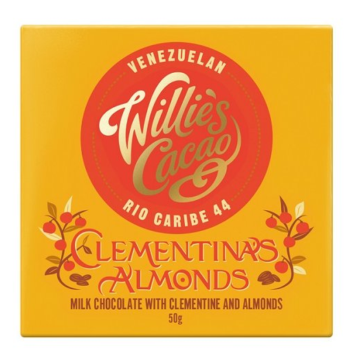 Willies Cacao Čokoláda CLEMENTINA'S ALMONDS Mléčná čokoláda s klementinkou a mandlemi 50g