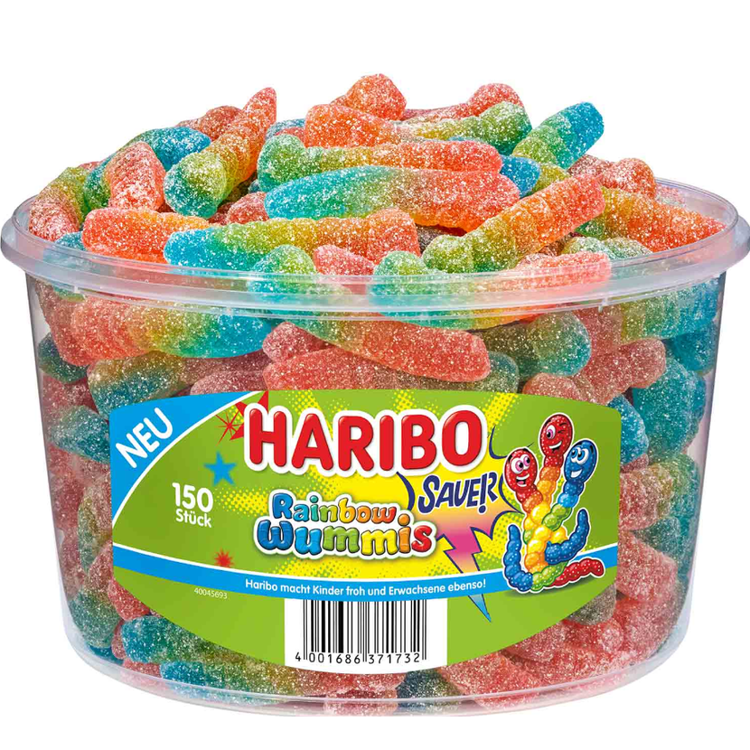 Haribo Sauer Rainbow Wummis - kyselí gumoví želé červíci v barvách duhy - dóza 150ks - 12