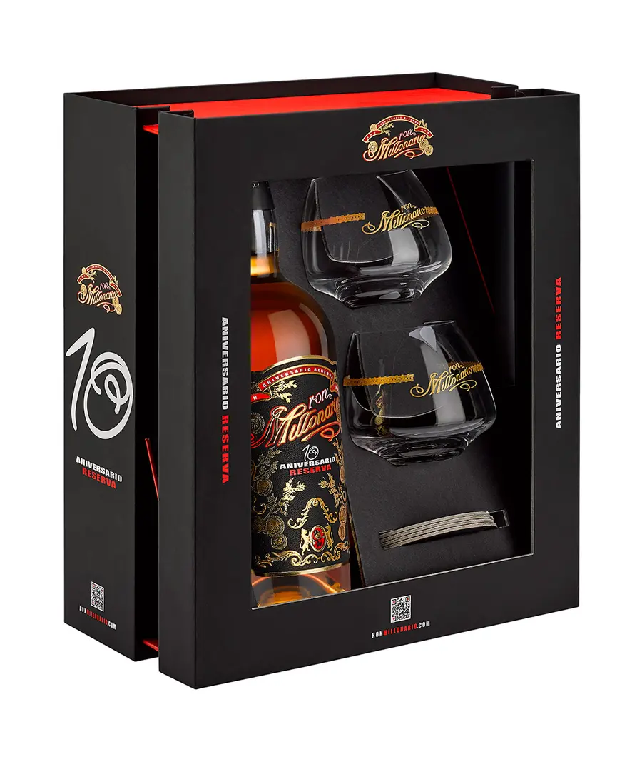 Millonario Aniversario Reserva 10y 40% 0,7 l (dárkové balení 2 skleničky a 4 podtácky)