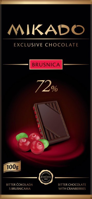 Mikado - hořká čokolda 72% s brusinkami 100g