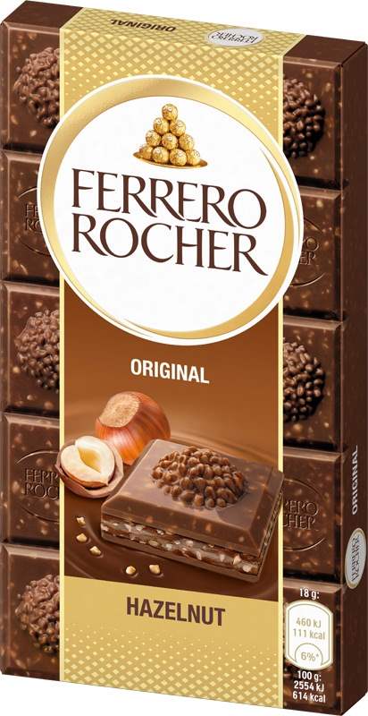 Ferrero Rocher mléčná čokoláda s lískovými oříšky, 90g