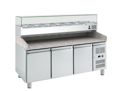 Trojdverový  pizza-stôl vitrínou 10 x GN1/4